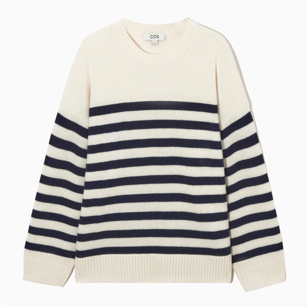 COS  %100 Wool Striped Crewneck Sweater in cream black size M